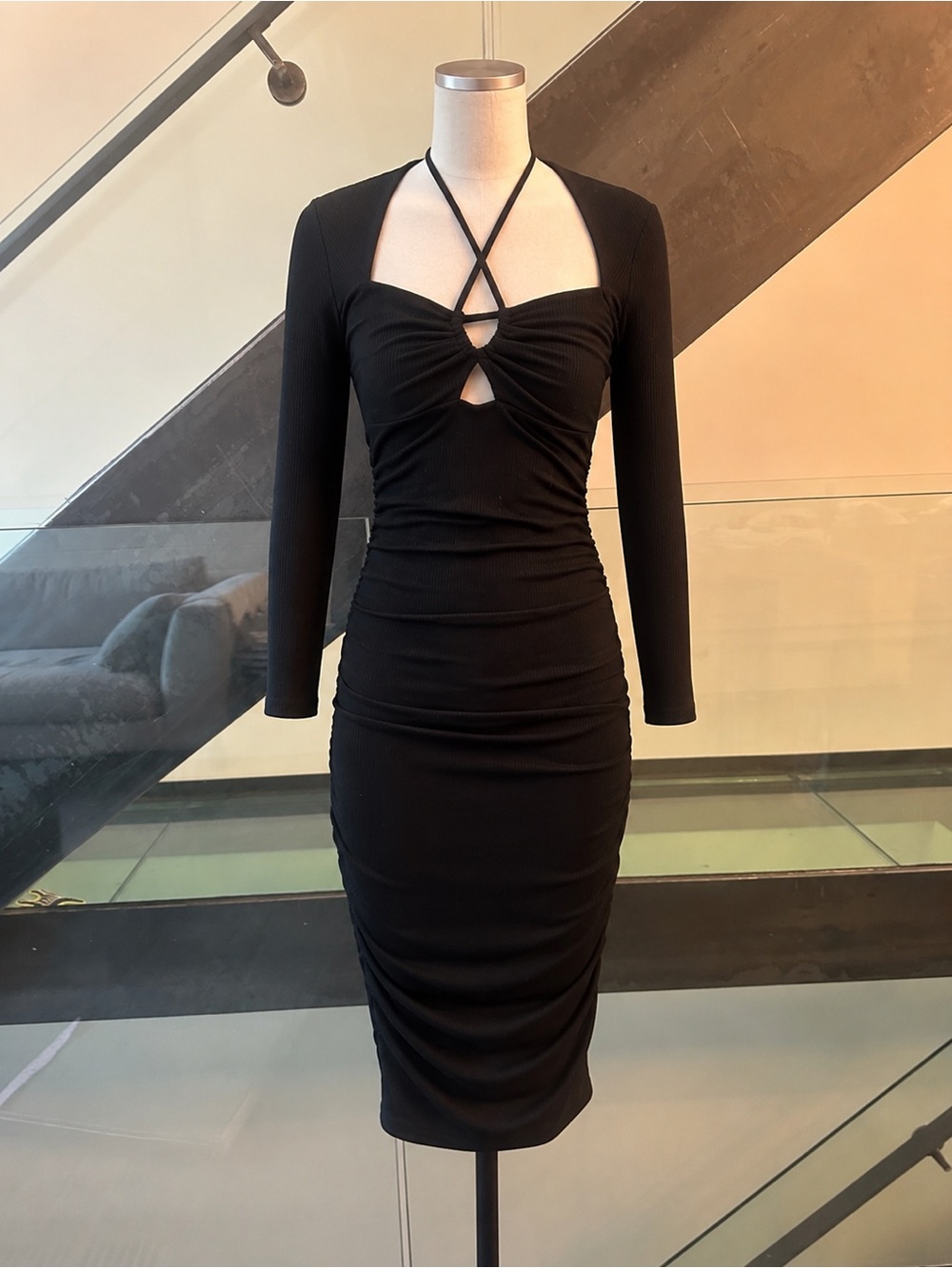 Jonathan Simkhai Black Long-Sleeve Ruched Cutout Bodycon Dress